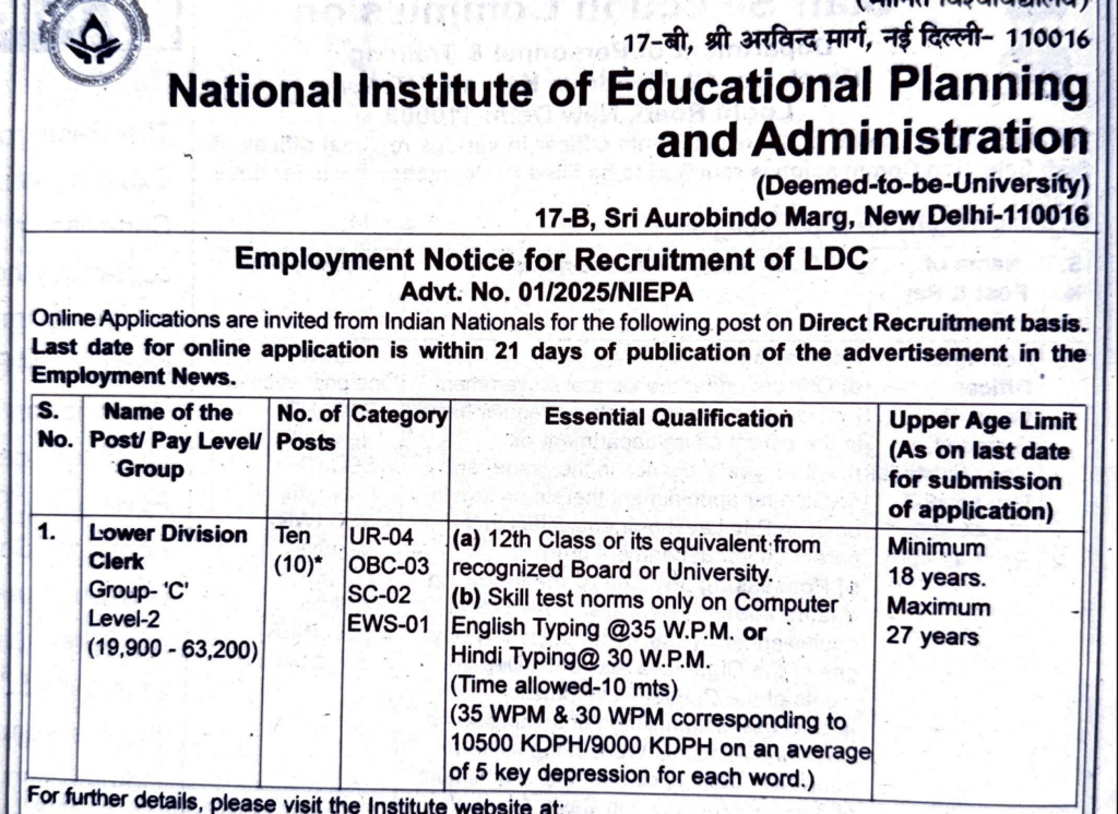 NIEPA LDC Bharti